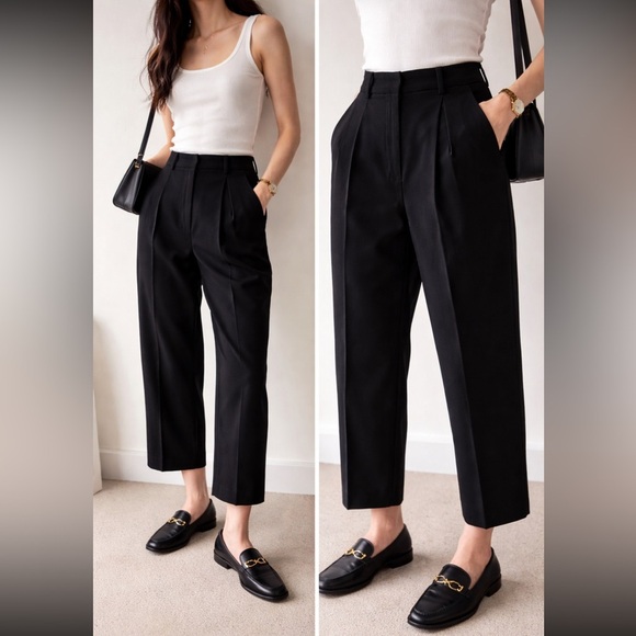 dovle Pants - DOVLE Black Pleated Trousers High Rise Cropped Wide Leg Minimalist S